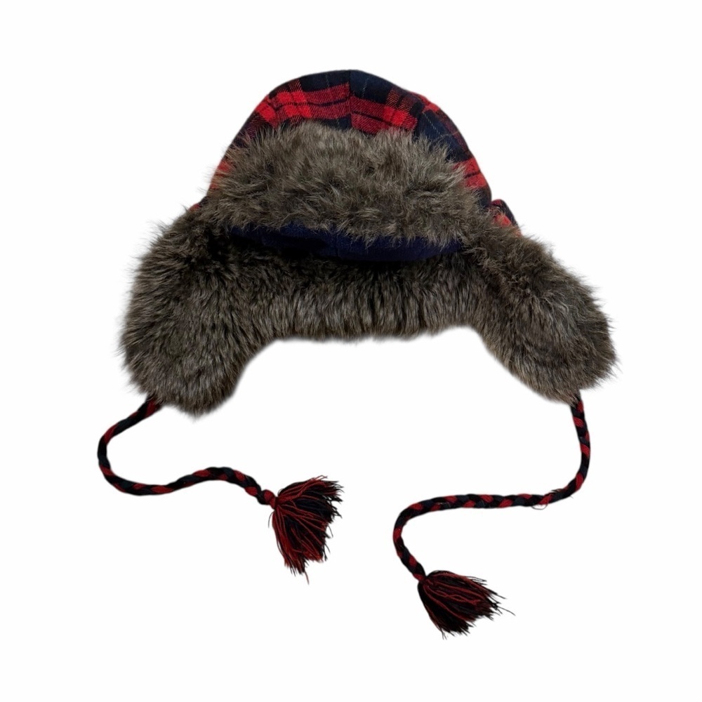 American Eagle Plaid Trapper Hat Faux Fur Lined Winter Ear Flap Aviator Ski